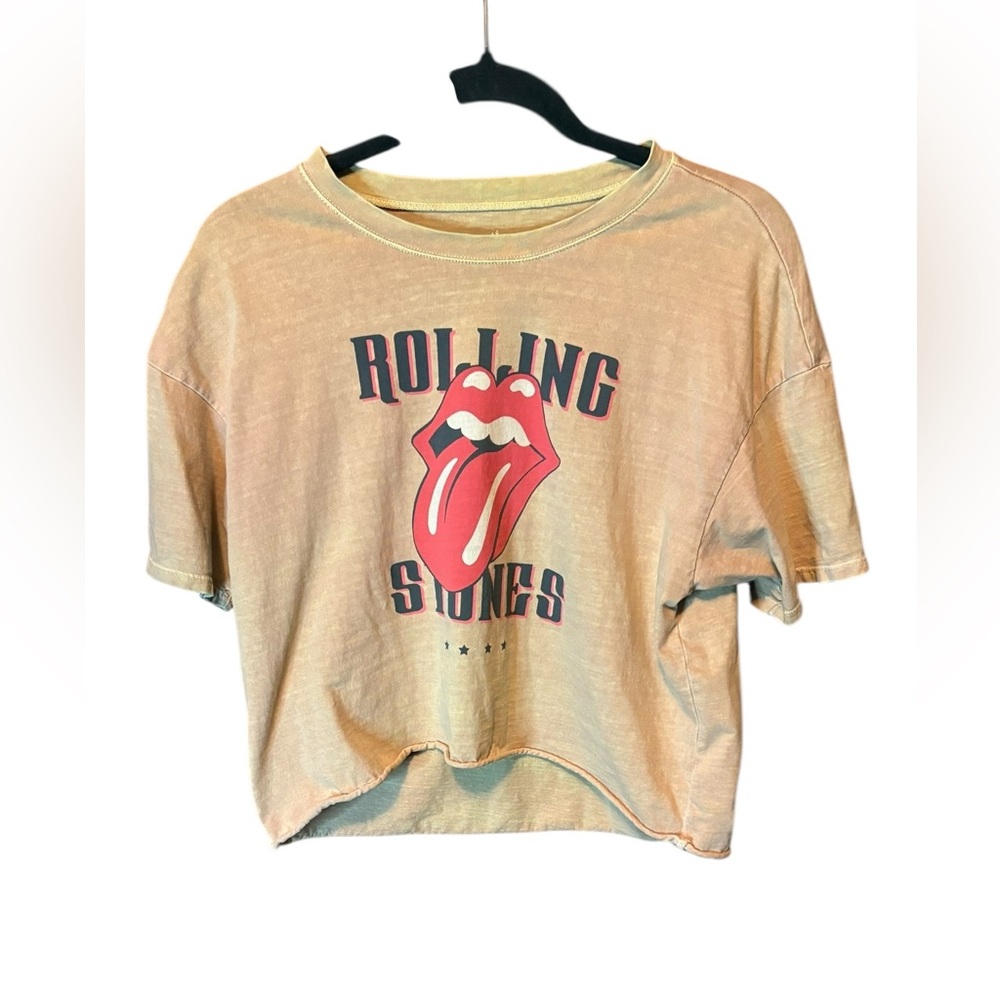 Rolling Stones Tan Cropped Graphic Tee Small Drop Shoulder Vintage Band Tee